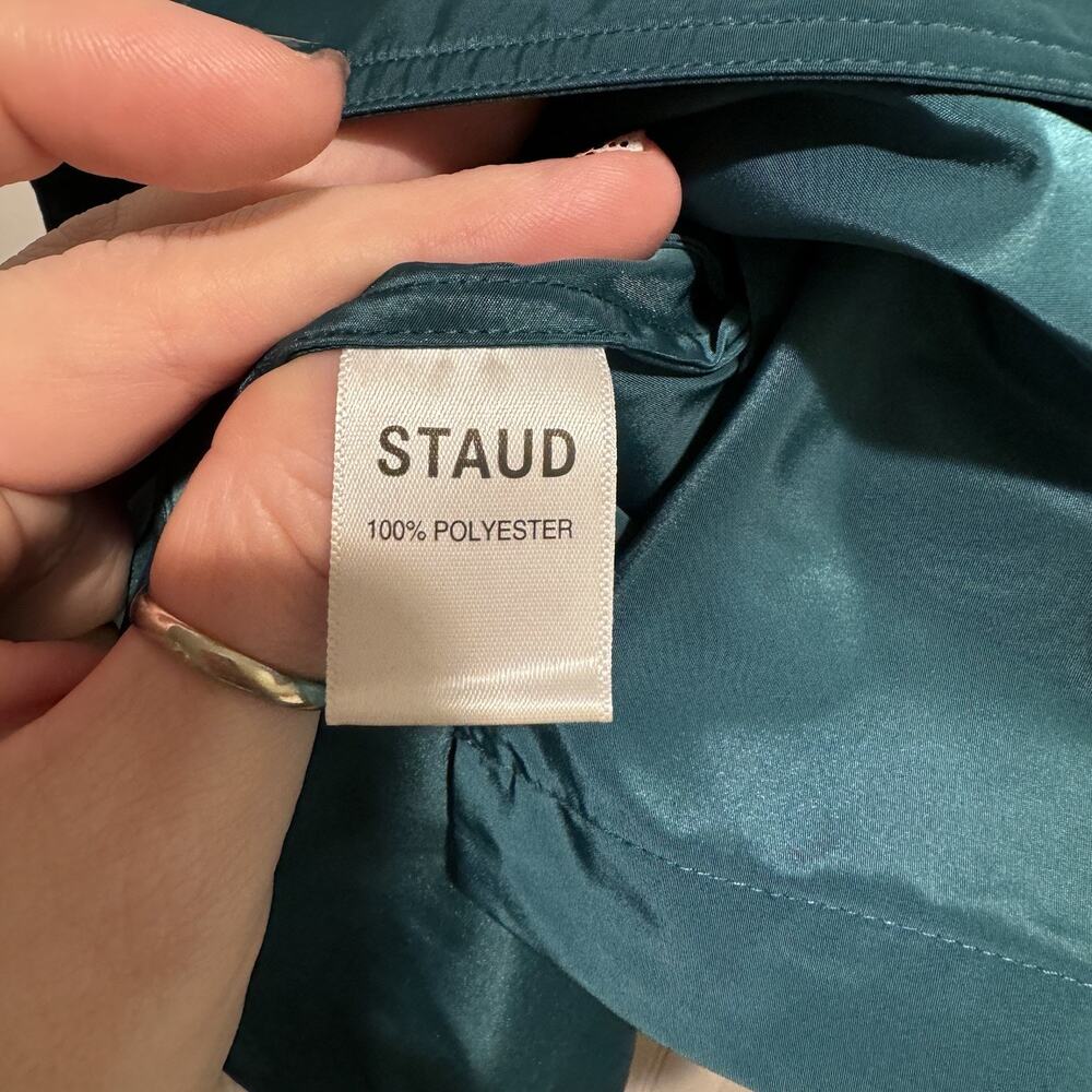 Staud Jolene Belted Taffeta Shirt Dress Coastal Green Spring Classic Size 10 - Picture 7 of 8